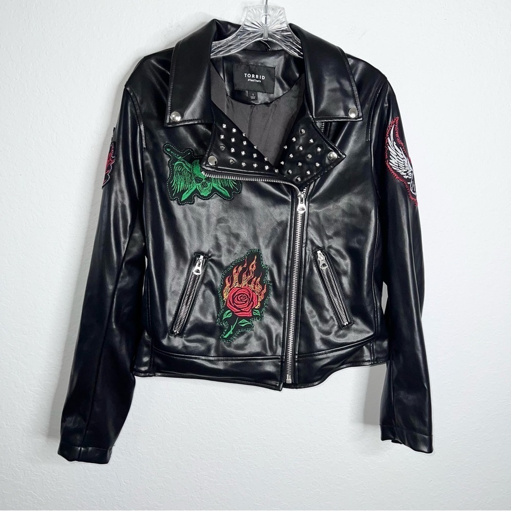 Torrid Faux Leather Jacket Women’s 1X Embroidered Moto Studded Goth Black